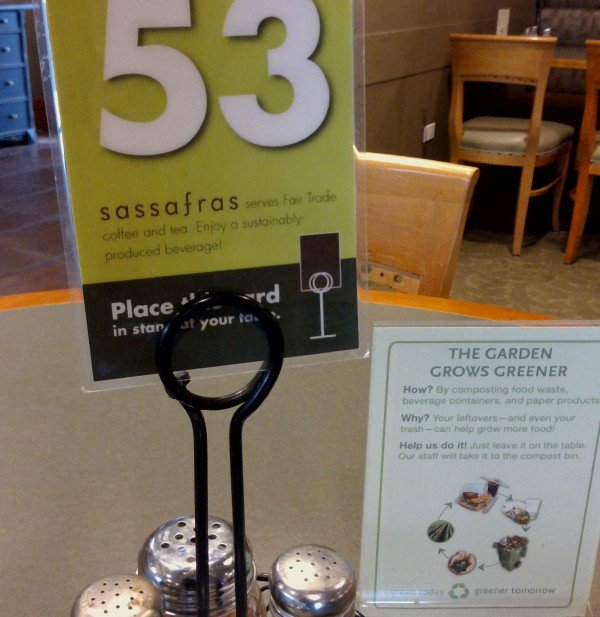 Sassafras offers "green fun facts" on every table order card, and their table 'tents tell the story of composting: explaining how and why.
